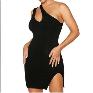 NEW Naked Wardrobe Black One-Shoulder Cutout Mini Dress with Side Slit, Large